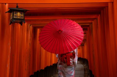 Geleneksel Japon kimonolu kadınlar Japonya 'nın Kyoto kentindeki Fushimi Inari Tapınağında yürüyorlar.