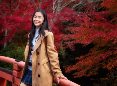 Asyalı kız Japonya 'nın Kyoto şehrindeki tapınakta sonbahar parkında seyahat ediyor.
