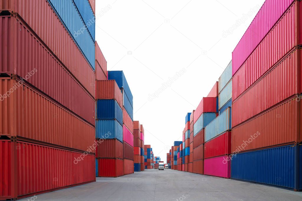 Stack of container box in transportation port with isolated sky for use to make an art work
