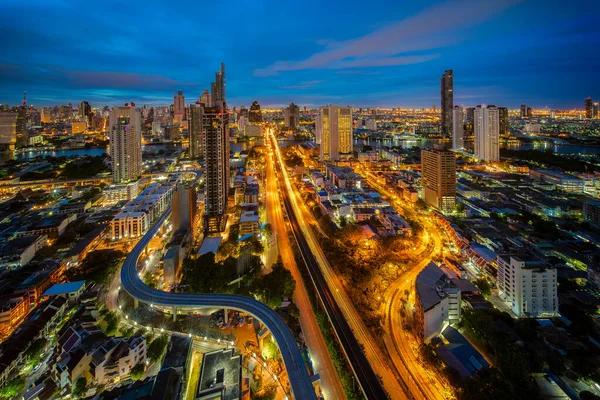 Punto Vista Ciudad Bangkok Con Chao Phraya Río Puente Edificio — Foto de Stock