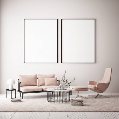 İki posterler hipster iç arka planda, kopya alanı poster, 3d render, 3d çizim