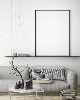 Alay poster, hipster oturma odası, 3d render, 3d çizim.