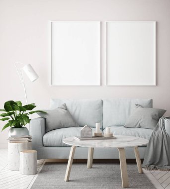 mock up poster frame in hipster interior living roombackground, scandinavian style, 3D render, 3D illustration clipart