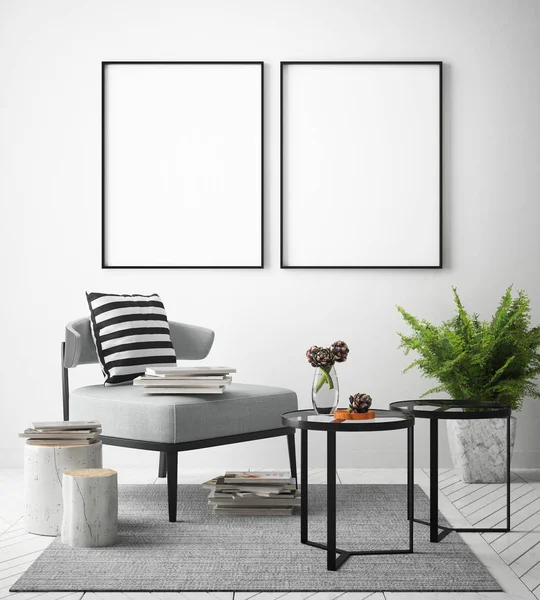 Simular Cartazes Quadro Fundo Interior Hipster Estilo Escandinavo Renderização Ilustração — Fotografia de Stock