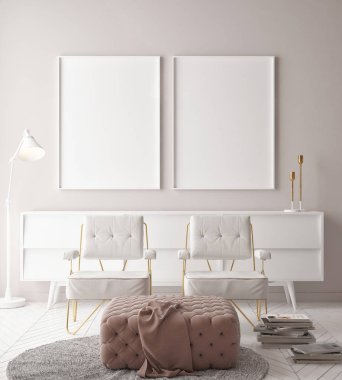 Posterler, hipster arka plan, yukarı sahte minimalizm Duvar ile iki sandalye, 3d render, 3d çizim 