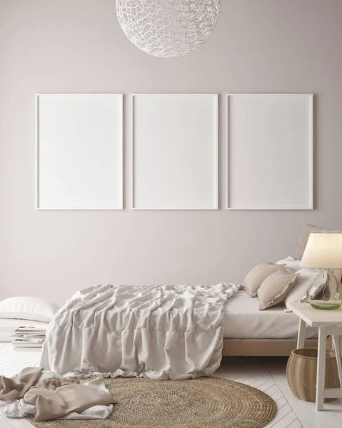 模拟海报上的简约柔和的墙壁 时髦的卧室 — 图库照片