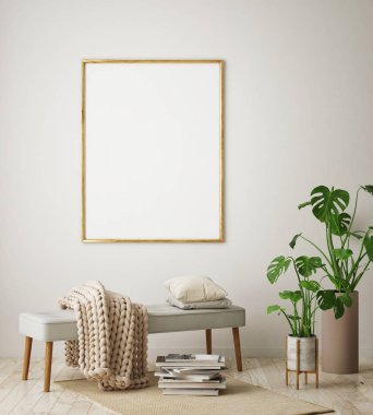 poster çerçevesi hipster iç arka plan, oturma odasında, İskandinav tarzı, 3d render, 3d çizim kadar alay
