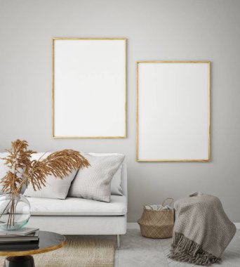 poster çerçevesi hipster iç arka plan, oturma odasında, İskandinav tarzı, 3d render, 3d çizim kadar alay
