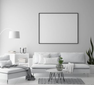 poster çerçevesi hipster iç arka plan, oturma odasında, İskandinav tarzı, 3d render, 3d çizim kadar alay