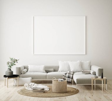poster çerçevesi hipster iç arka plan, oturma odasında, İskandinav tarzı, 3d render, 3d çizim kadar alay