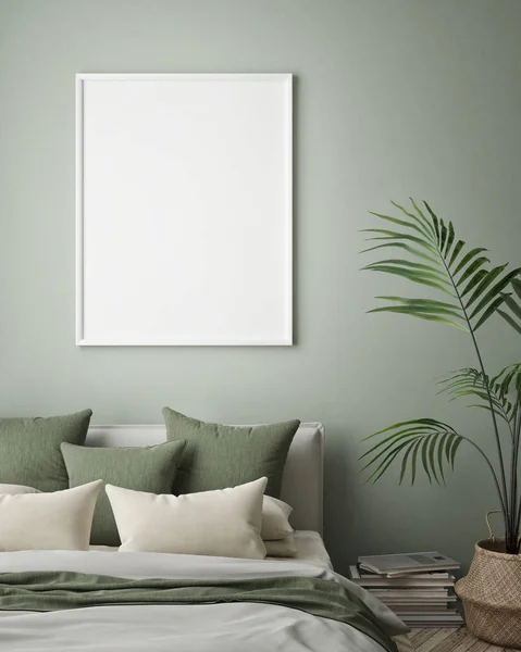 Mock Verlichte Wissellijst Hipster Interieur Achtergrond Met Slaapkamer Scandinavische Stijl — Stockfoto