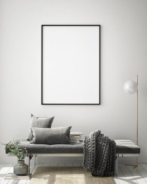 Modern iç plan, oturma odası, İskandinav tarzı, 3D çizim, 3D resim