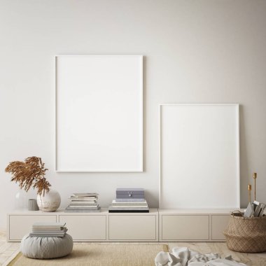Modern iç plan, oturma odası, İskandinav tarzı, 3D çizim, 3D resim