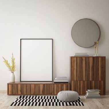 Modern iç plan, oturma odası, İskandinav tarzı, 3D çizim, 3D resim