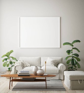 Modern iç plan, oturma odası, İskandinav tarzı, 3D çizim, 3D resim