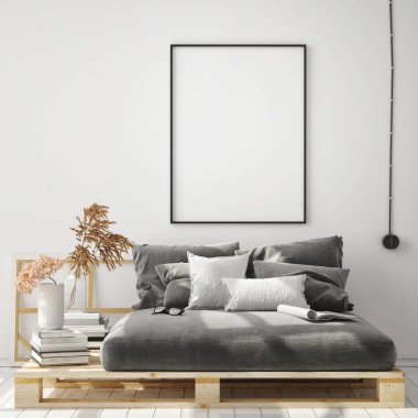 poster çerçevesi modern iç arka plan, İskandinav tarzı, 3d render, 3d çizim kadar alay