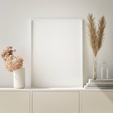 poster çerçevesi modern iç arka plan, İskandinav tarzı, 3d render, 3d çizim kadar alay