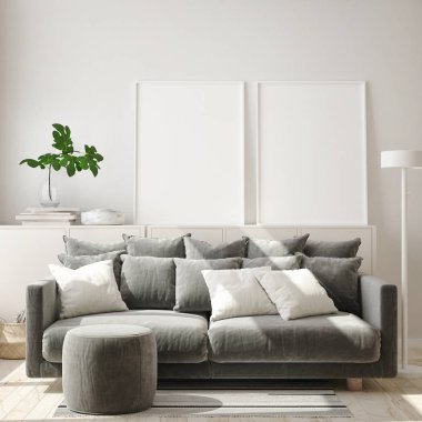 Modern iç plan, oturma odası, İskandinav tarzı, 3D çizim, 3D resim