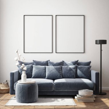 Modern iç plan, oturma odası, İskandinav tarzı, 3D çizim, 3D resim