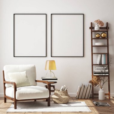 Modern iç plan, oturma odası, İskandinav tarzı, 3D çizim, 3D resim