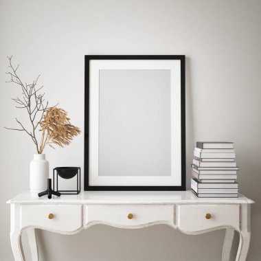 Modern iç plan, oturma odası, İskandinav tarzı, 3D çizim, 3D resim