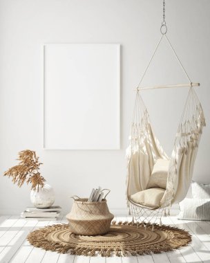 Modern iç plan, oturma odası, İskandinav tarzı, 3D çizim, 3D resim