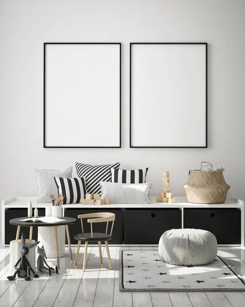 Mock Filmposter Slaapkamer Van Kinderen Scandinavische Stijl Interieur Achtergrond Render — Stockfoto