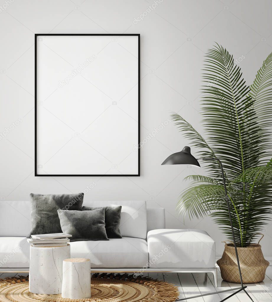 mock up poster frame in modern interior background, living room, Scandinavian style, 3D render, 3D illustration