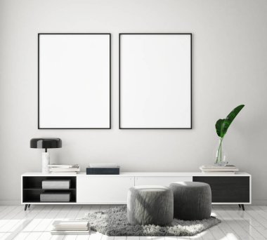 Modern iç plan, oturma odası, İskandinav tarzı, 3D çizim, 3D resim