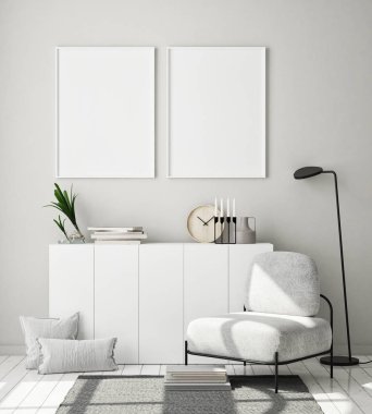 Modern iç plan, oturma odası, İskandinav tarzı, 3D çizim, 3D resim