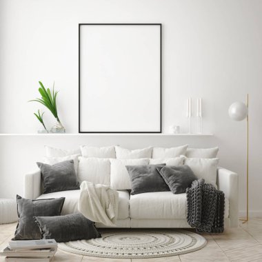 Modern iç plan, oturma odası, İskandinav tarzı, 3D çizim, 3D resim