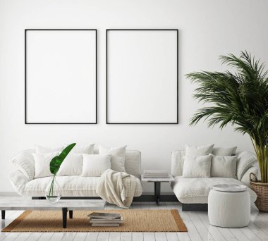 Modern iç plan, oturma odası, İskandinav tarzı, 3D çizim, 3D resim