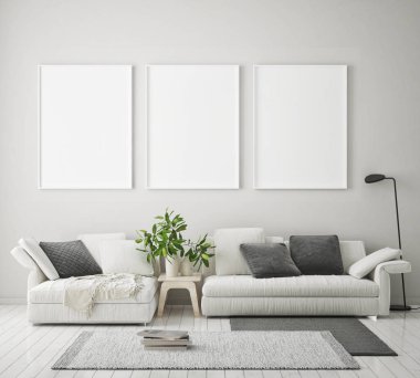 Modern iç plan, oturma odası, İskandinav tarzı, 3D çizim, 3D resim