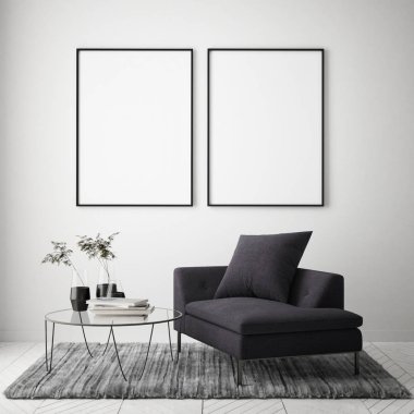 Modern iç plan, oturma odası, İskandinav tarzı, 3D çizim, 3D resim