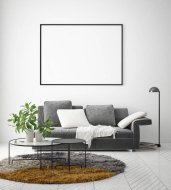 Modern iç plan, oturma odası, İskandinav tarzı, 3D çizim, 3D resim