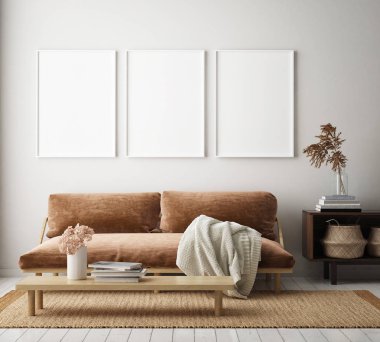 Modern iç plan, oturma odası, İskandinav tarzı, 3D çizim, 3D resim