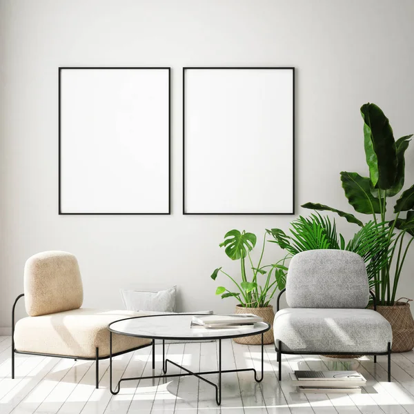 Mock Poster Frame Modern Interior Background Living Room Scandinavian Style — Stock Photo, Image