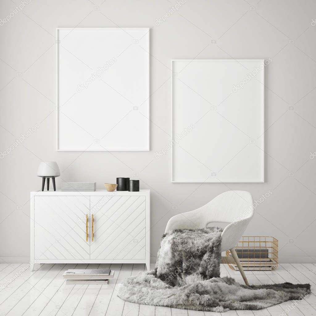 mock up poster frame in modern interior background, living room, Scandinavian style, 3D render, 3D illustration