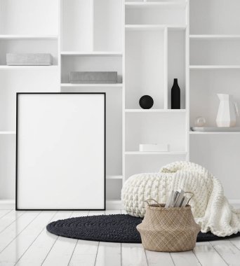 Modern iç plan, oturma odası, İskandinav tarzı, 3D çizim, 3D resim