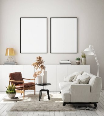 Modern iç plan, oturma odası, İskandinav tarzı, 3D çizim, 3D resim