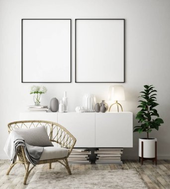 Modern iç plan, oturma odası, İskandinav tarzı, 3D çizim, 3D resim