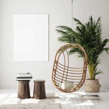 Modern iç plan, oturma odası, İskandinav tarzı, 3D çizim, 3D resim