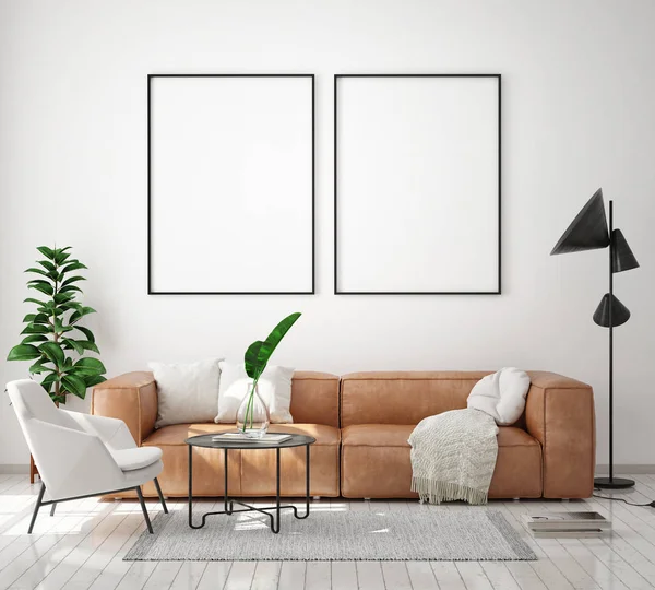 Mock Poster Frame Modern Interior Latar Belakang Ruang Tamu Skandinavia — Stok Foto