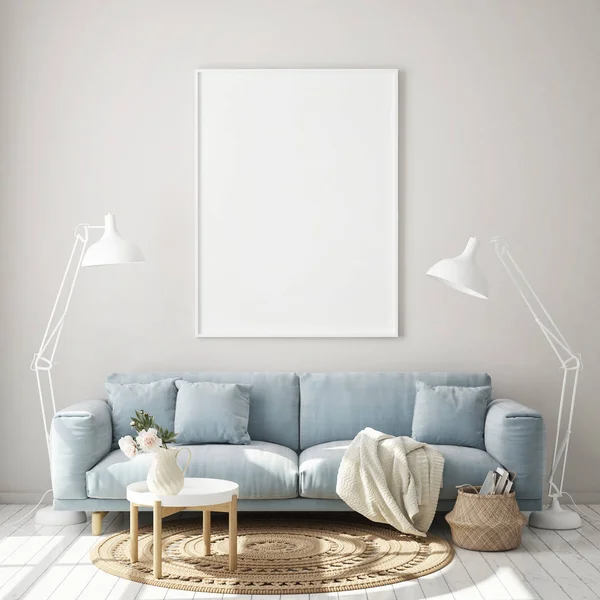 Modellare Cornice Poster Moderno Sfondo Interno Soggiorno Stile Scandinavo Rendering — Foto Stock