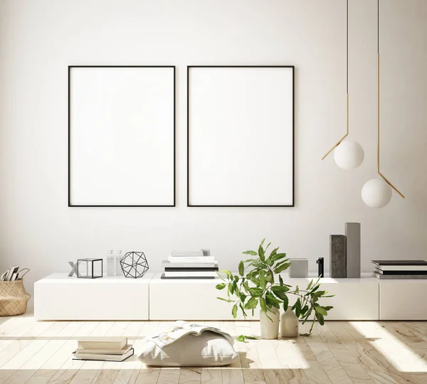 Model Poster Frame Moderne Interieur Achtergrond Woonkamer Scandinavische Stijl Render — Stockfoto