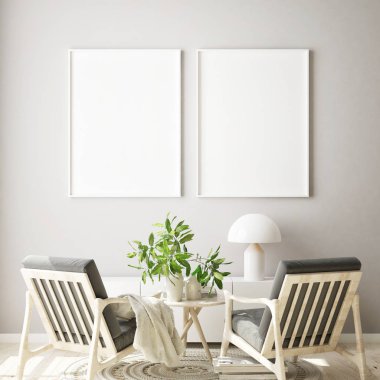 Modern iç plan, oturma odası, İskandinav tarzı, 3D çizim, 3D resim