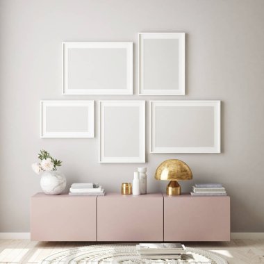 Modern iç plan, oturma odası, İskandinav tarzı, 3D çizim, 3D resim