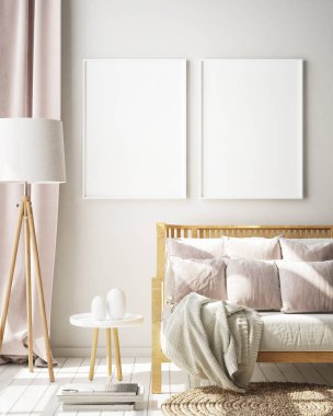 Modern yatak odası iç plan, oturma odası, İskandinav tarzı, 3 boyutlu resim, 3 boyutlu resim.