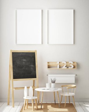 poster çerçevesi çocuk yatak odası, İskandinav tarzı iç arka plan, 3d render, 3d çizim kadar alay