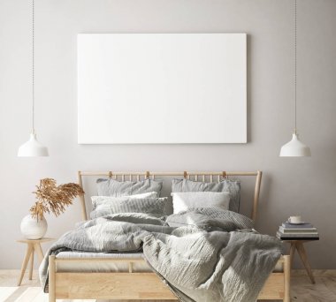 Modern yatak odası iç plan, oturma odası, İskandinav tarzı, 3 boyutlu resim, 3 boyutlu resim.